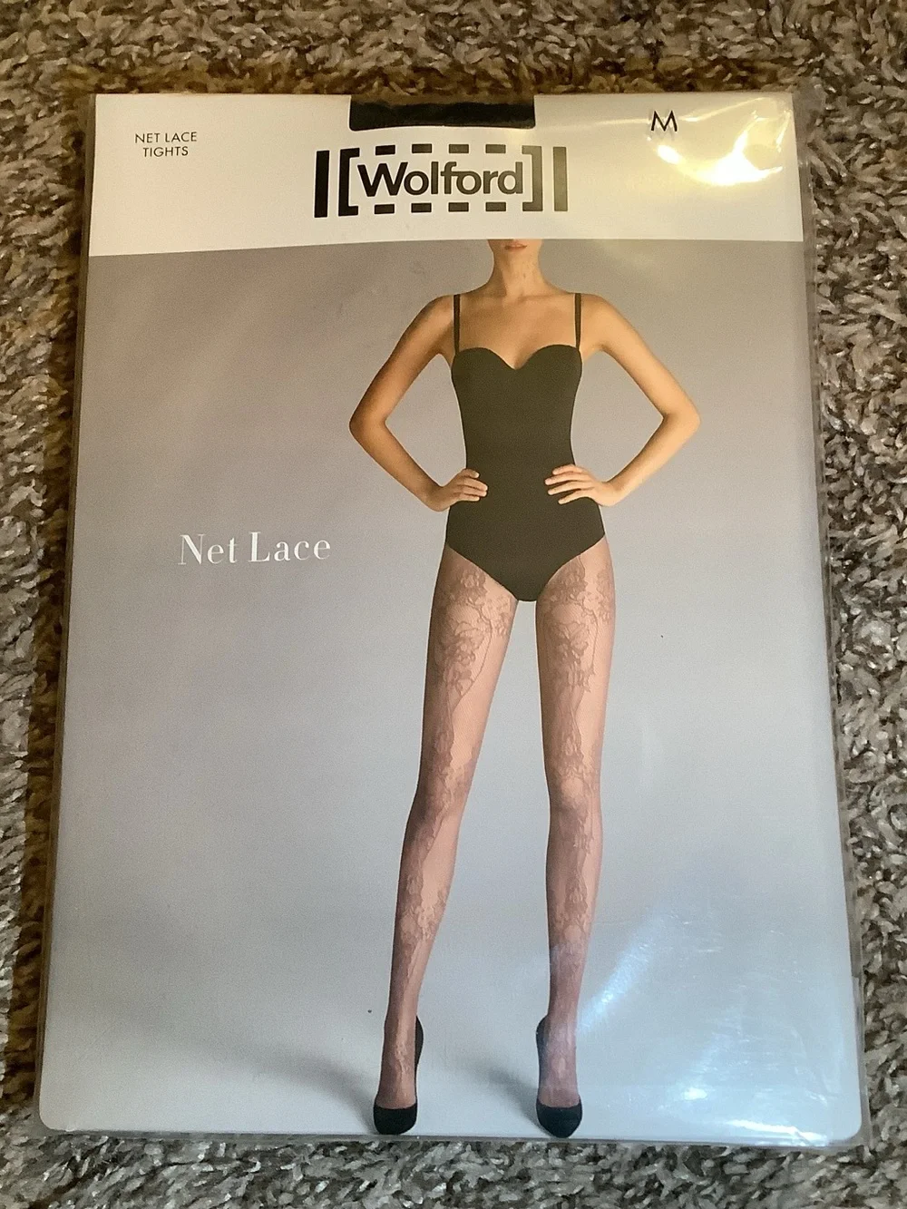 Wolford net lace tights, floral net pattern, color midnight, size: M